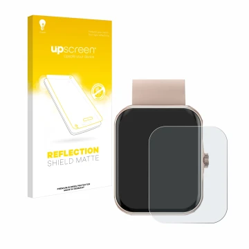 Parte frontal de un envase de producto con el logotipo de la marca upscreen. Al lado se muestra el dispositivo Mutoy Smartwatc