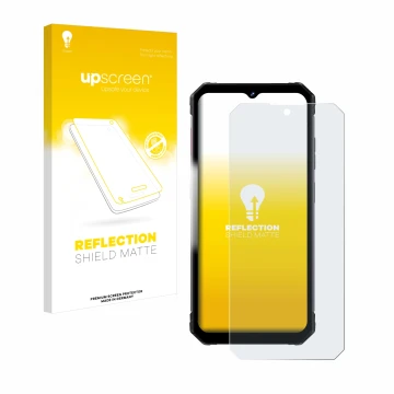 Parte frontal de un envase de producto con el logotipo de la marca upscreen. Al lado se muestra el dispositivo Fossibot F102 c