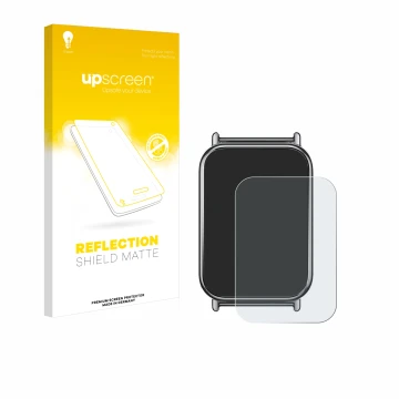 Parte frontal de un envase de producto con el logotipo de la marca upscreen. Al lado se muestra el dispositivo Xiaomi Mi Band 