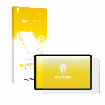 Parte frontal de un envase de producto con el logotipo de la marca upscreen. Al lado se muestra el dispositivo Honor Pad X9 co