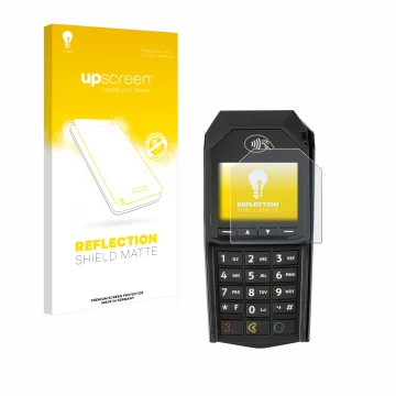 Parte frontal de un envase de producto con el logotipo de la marca upscreen. Al lado se muestra el dispositivo ingenico Lane/3