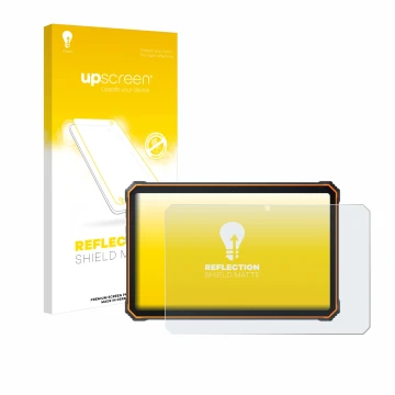 Parte frontal de un envase de producto con el logotipo de la marca upscreen. Al lado se muestra el dispositivo Blackview Activ