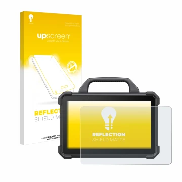 Parte frontal de un envase de producto con el logotipo de la marca upscreen. Al lado se muestra el dispositivo Launch X-431 Ta