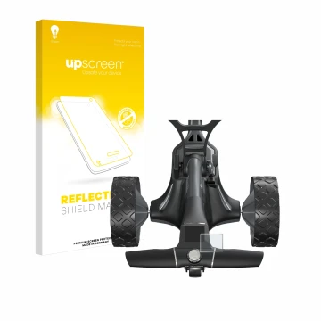 Parte frontal de un envase de producto con el logotipo de la marca upscreen. Al lado se muestra el dispositivo Motocaddy M7 GP