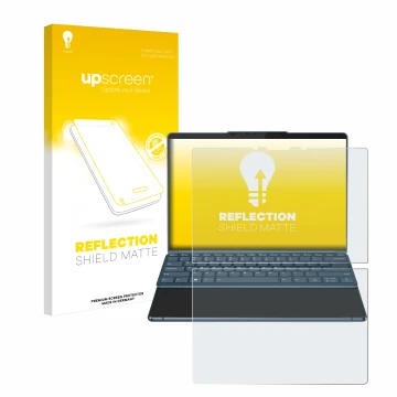 Parte frontal de un envase de producto con el logotipo de la marca upscreen. Al lado se muestra el dispositivo Lenovo Yoga Boo