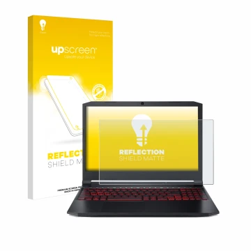 Parte frontal de un envase de producto con el logotipo de la marca upscreen. Al lado se muestra el dispositivo Acer Nitro 5 Ga