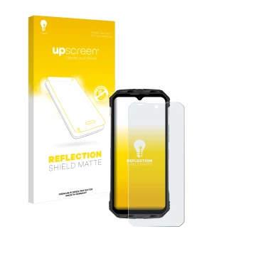 Parte frontal de un envase de producto con el logotipo de la marca upscreen. Al lado se muestra el dispositivo Doogee S110 con