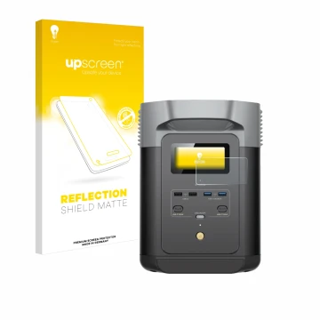 Parte frontal de un envase de producto con el logotipo de la marca upscreen. Al lado se muestra el dispositivo EcoFlow DELTA 2