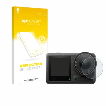 Parte frontal de un envase de producto con el logotipo de la marca upscreen. Al lado se muestra el dispositivo DJI Osmo Action