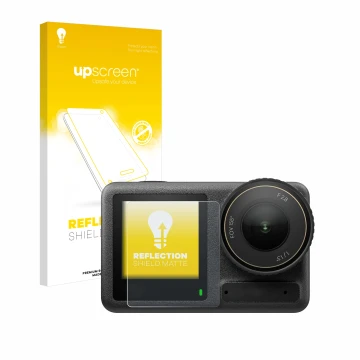 Parte frontal de un envase de producto con el logotipo de la marca upscreen. Al lado se muestra el dispositivo DJI Osmo Action