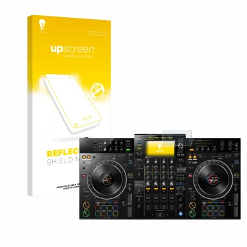 Parte frontal de un envase de producto con el logotipo de la marca upscreen. Al lado se muestra el dispositivo Pioneer XDJ -XZ