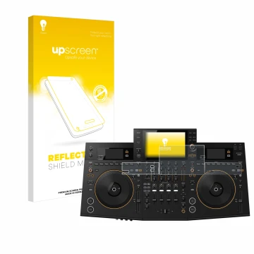 Parte frontal de un envase de producto con el logotipo de la marca upscreen. Al lado se muestra el dispositivo Pioneer OPUS-QU