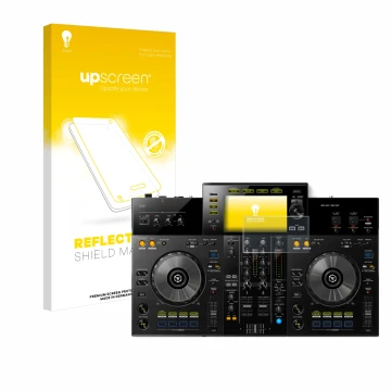 Parte frontal de un envase de producto con el logotipo de la marca upscreen. Al lado se muestra el dispositivo Pioneer XDJ -RR
