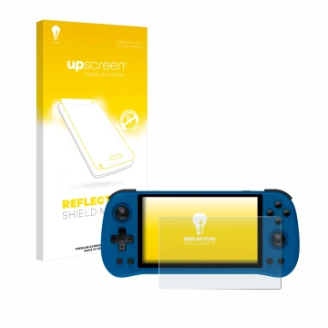 Parte frontal de un envase de producto con el logotipo de la marca upscreen. Al lado se muestra el dispositivo Powkiddy X55 co