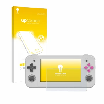 Parte frontal de un envase de producto con el logotipo de la marca upscreen. Al lado se muestra el dispositivo Anbernic RG505 