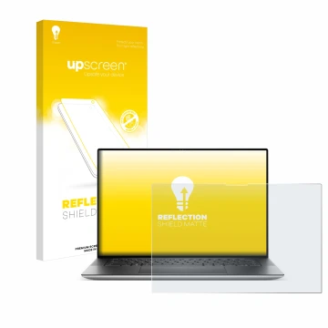 Parte frontal de un envase de producto con el logotipo de la marca upscreen. Al lado se muestra el dispositivo Dell XPS 15 953