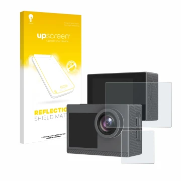 Parte frontal de un envase de producto con el logotipo de la marca upscreen. Al lado se muestra el dispositivo Akaso Brave 4 P