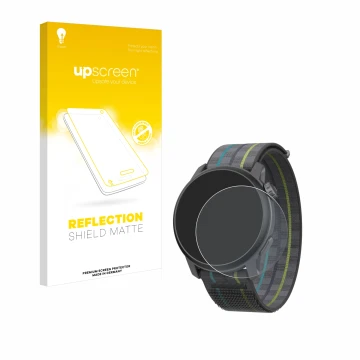 Parte frontal de un envase de producto con el logotipo de la marca upscreen. Al lado se muestra el dispositivo Coros Pace 3 co