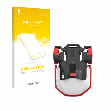 Parte frontal de un envase de producto con el logotipo de la marca upscreen. Al lado se muestra el dispositivo Kress Mission M