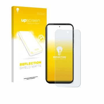 Parte frontal de un envase de producto con el logotipo de la marca upscreen. Al lado se muestra el dispositivo Fairphone 5 con