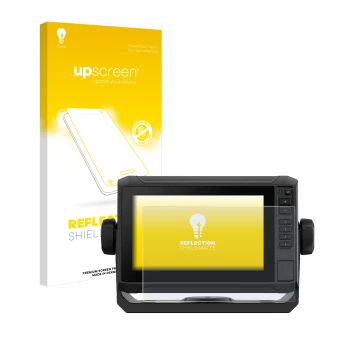 Parte frontal de un envase de producto con el logotipo de la marca upscreen. Al lado se muestra el dispositivo Garmin ECHOMAP 