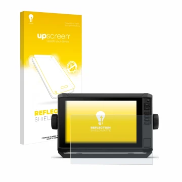 Parte frontal de un envase de producto con el logotipo de la marca upscreen. Al lado se muestra el dispositivo Garmin ECHOMAP 