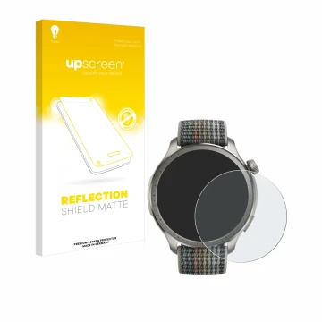 Parte frontal de un envase de producto con el logotipo de la marca upscreen. Al lado se muestra el dispositivo Huami Amazfit B