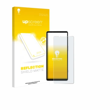 Parte frontal de un envase de producto con el logotipo de la marca upscreen. Al lado se muestra el dispositivo Sony Xperia 5 V