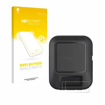 Parte frontal de un envase de producto con el logotipo de la marca upscreen. Al lado se muestra el dispositivo Garmin inReach 