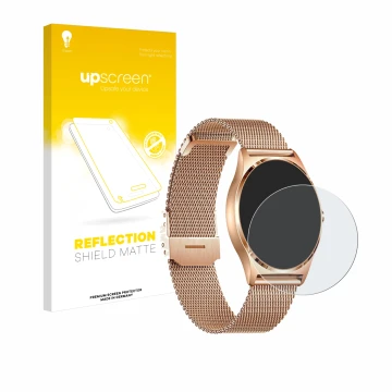 Parte frontal de un envase de producto con el logotipo de la marca upscreen. Al lado se muestra el dispositivo Xcoast X-Watch 