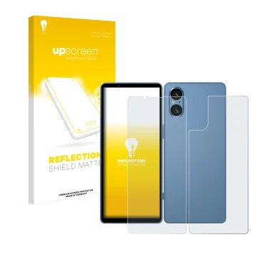 Parte frontal de un envase de producto con el logotipo de la marca upscreen. Al lado se muestra el dispositivo Sony Xperia 5 V