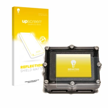 Parte frontal de un envase de producto con el logotipo de la marca upscreen. Al lado se muestra el dispositivo Shearwater Petr