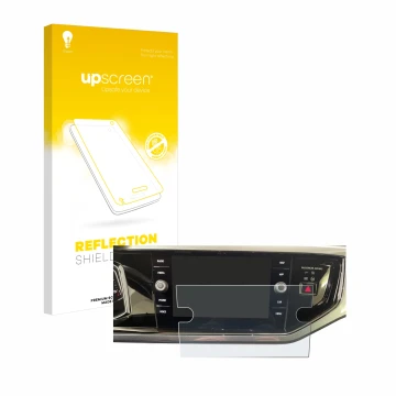 Parte frontal de un envase de producto con el logotipo de la marca upscreen. Al lado se muestra el dispositivo Volkswagen Polo