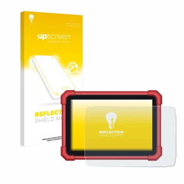 Parte frontal de un envase de producto con el logotipo de la marca upscreen. Al lado se muestra el dispositivo Launch X-431 Eu