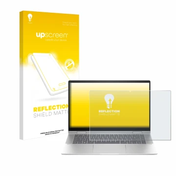 Parte frontal de un envase de producto con el logotipo de la marca upscreen. Al lado se muestra el dispositivo HP Envy x360 2-