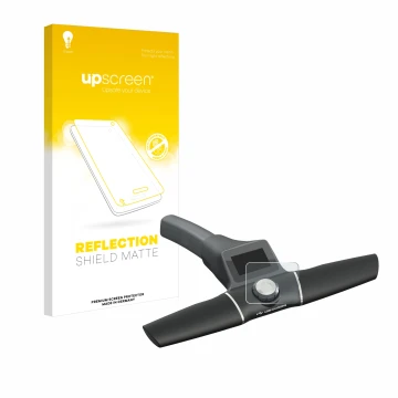 Parte frontal de un envase de producto con el logotipo de la marca upscreen. Al lado se muestra el dispositivo Motocaddy S1 El