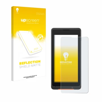 Parte frontal de un envase de producto con el logotipo de la marca upscreen. Al lado se muestra el dispositivo Sunmi P2 Lite S