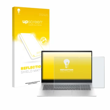 Parte frontal de un envase de producto con el logotipo de la marca upscreen. Al lado se muestra el dispositivo HP Envy 17-cw00