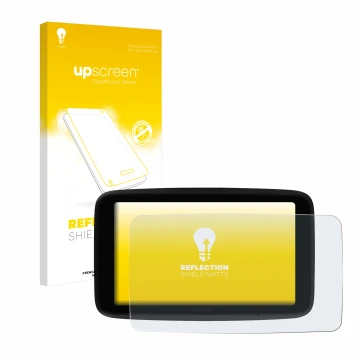 Parte frontal de un envase de producto con el logotipo de la marca upscreen. Al lado se muestra el dispositivo TomTom GO Super