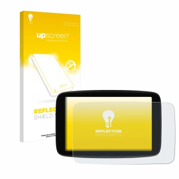Parte frontal de un envase de producto con el logotipo de la marca upscreen. Al lado se muestra el dispositivo TomTom GO Super