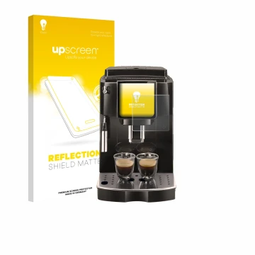 Parte frontal de un envase de producto con el logotipo de la marca upscreen. Al lado se muestra el dispositivo DeLonghi Magnif