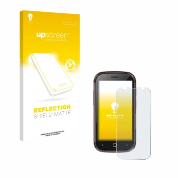 Parte frontal de un envase de producto con el logotipo de la marca upscreen. Al lado se muestra el dispositivo Unihertz Jelly 