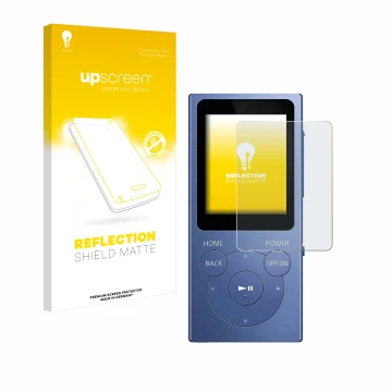 Parte frontal de un envase de producto con el logotipo de la marca upscreen. Al lado se muestra el dispositivo Sony Walkman NW