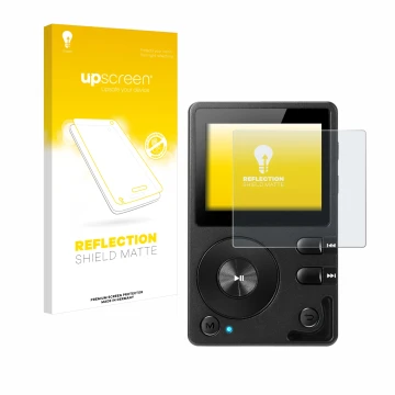 Parte frontal de un envase de producto con el logotipo de la marca upscreen. Al lado se muestra el dispositivo Hifi Walker H2 
