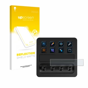 Parte frontal de un envase de producto con el logotipo de la marca upscreen. Al lado se muestra el dispositivo Elgato Stream D
