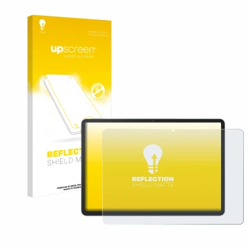 Parte frontal de un envase de producto con el logotipo de la marca upscreen. Al lado se muestra el dispositivo Huawei MatePad 