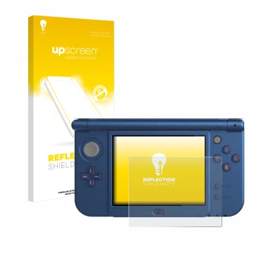 Parte frontal de un envase de producto con el logotipo de la marca upscreen. Al lado se muestra el dispositivo Nintendo New 3D