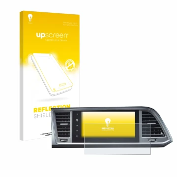 Parte frontal de un envase de producto con el logotipo de la marca upscreen. Al lado se muestra el dispositivo Seat Ateca Styl