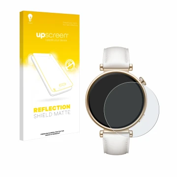Parte frontal de un envase de producto con el logotipo de la marca upscreen. Al lado se muestra el dispositivo Huawei Watch GT