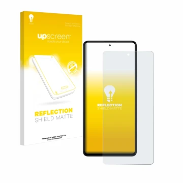 Parte frontal de un envase de producto con el logotipo de la marca upscreen. Al lado se muestra el dispositivo Xiaomi Redmi No